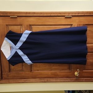 Woman's Fully lined navy blue dress with light blue trim